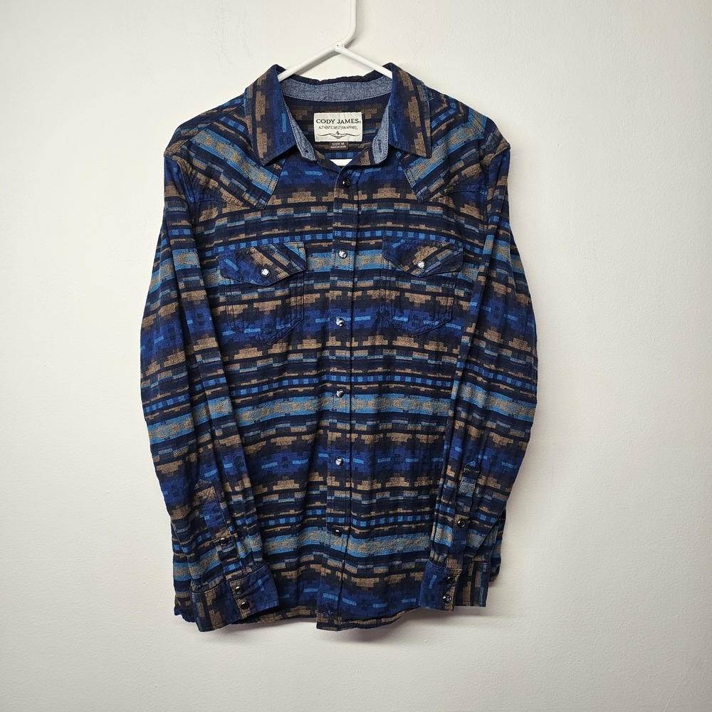 Cody James Shirt Mens Medium Blue Aztec Button Up Detroit Southwest Pearl Snaps